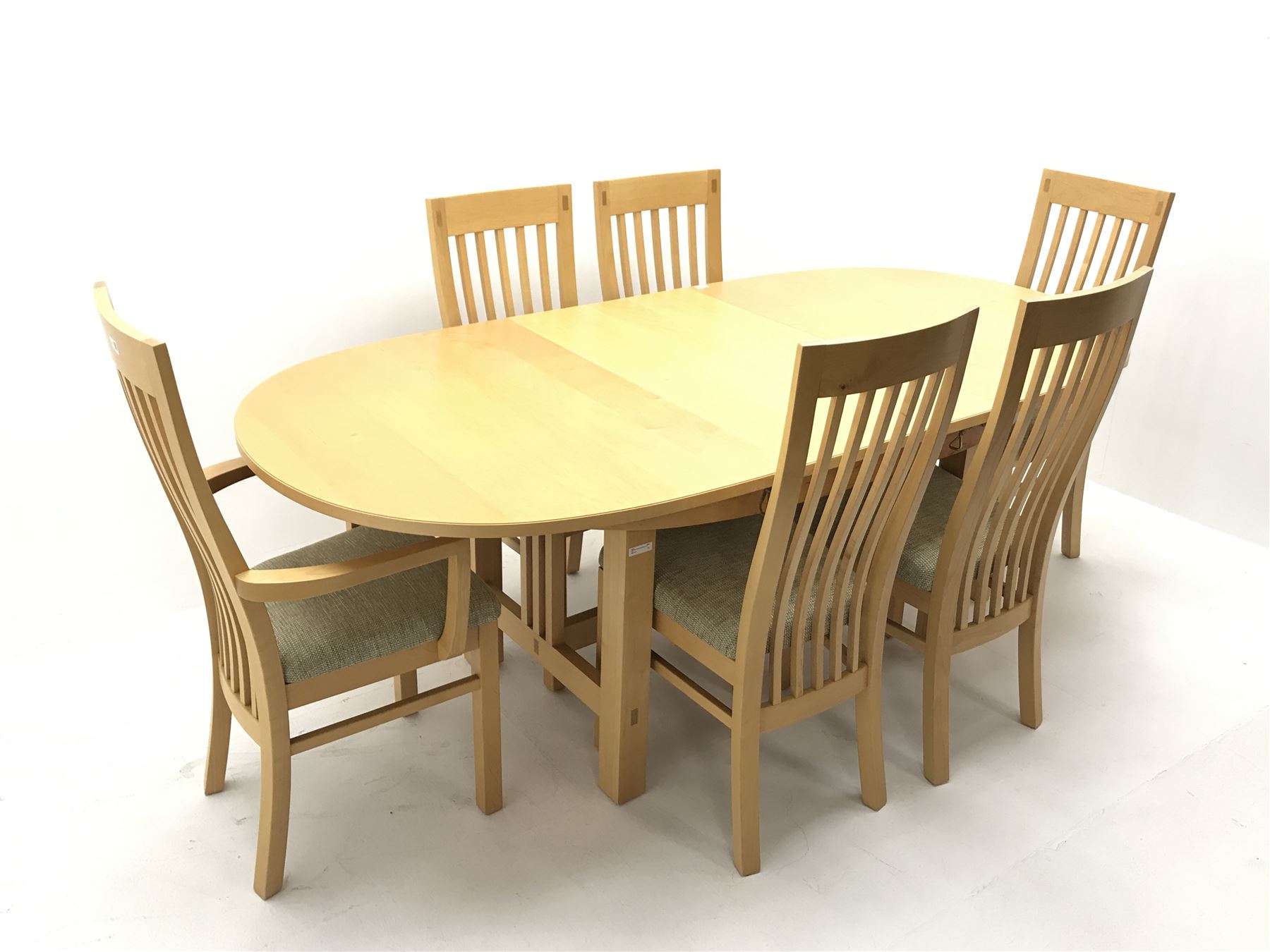 Oval maple extending dining table, moulded top, square supports (W214cm, H77cm, D104cm) and set six (4+2) dining chairs upholstered seat, square supports (W55cm) 