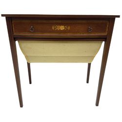 Edwardian Revival mahogany and satinwood banded sewing or work table, fitted with single drawer over upholstered sliding storage well, inlaid with extending floral decoration, on square tapering supports 