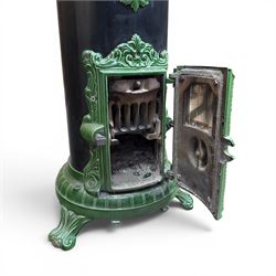 French Godin cast iron enamel stove, circular form, finished in green and black paint