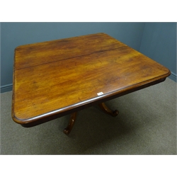  19th century mahogany breakfast table, square moulded tilt top, faceted baluster on four splayed supports, 120cm x 120cm, H75cm  