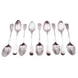 Nine silver Fiddle pattern teaspoons, comprising five hallmarked Robert Williams & Sons, Exeter 1846, pair of William IV examples, hallmarked John Osment, Exeter 1834, a George III example, and a Victorian example, approximate total weight 4.72 ozt (146.9 grams)