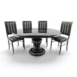 Italian Neoclassical inspired ebonised gloss dining table with four matching chairs,  circ...