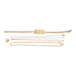 9ct gold jewellery, comprising ID bracelet, box link bracelet, single stud earring and a 1...