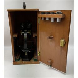 Charles Perry binocular microscope 'Classic No 1', with pitchfork base and rack and pinion focusing, in original fitted mahogany case with additional lenses, H44cm