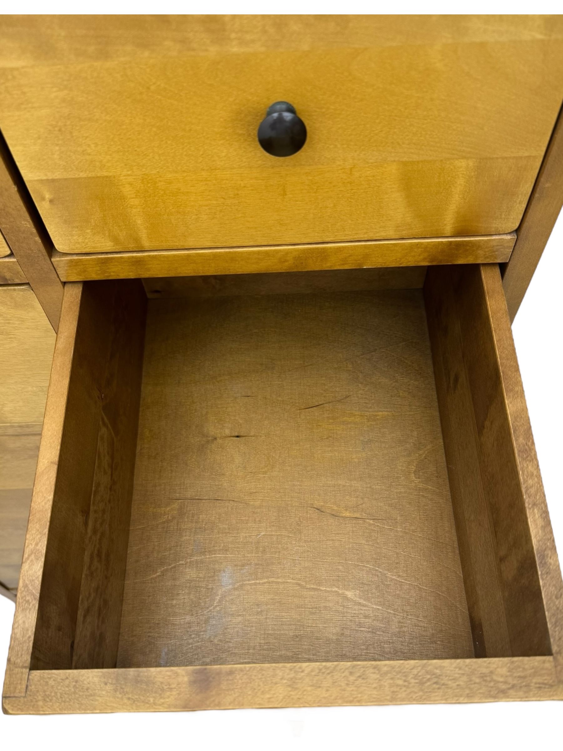 Laura Ashley - contemporary oak tall chest of drawers from the Garrat range, honeycomb rectangular top featuring central groove, over four small drawers with brass knob pulls and four long drawers with drop handles, on plinth base