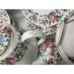 Crown Staffordshire Thousand Flowers pattern part tea service, to include teapot, two open sucriers, eighteen cups, fifteen saucers etc (57)