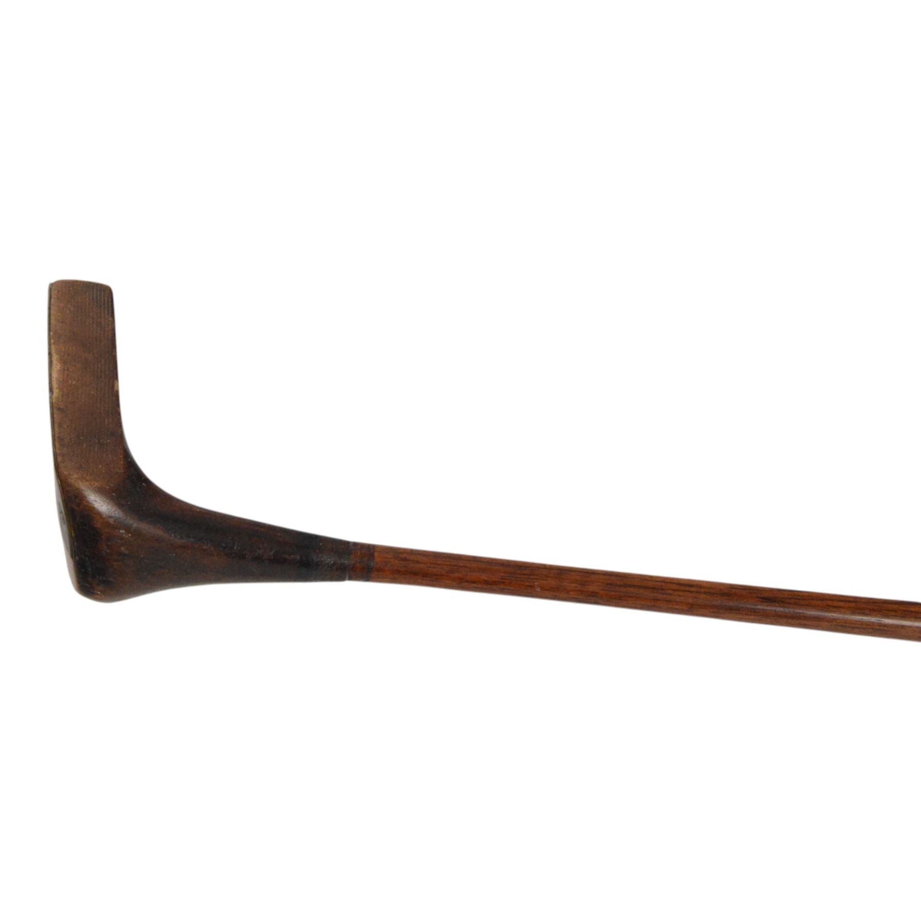 Jean Gassiat Persimmon putter, with half brass sole plate, hickory shaft, bound leather pistol grip, L87cm