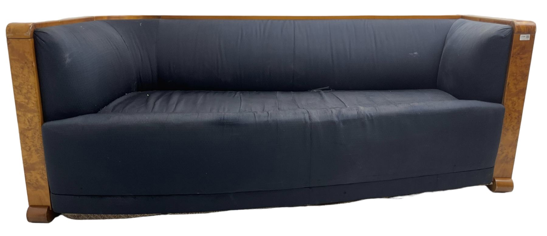 Thormer Polstermobel - Art Deco design three seat sofa, of curved tapering form, upholstered in midnight blue fabric, framed in figured burr elm