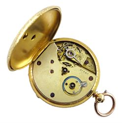 Swiss 18ct gold open face key wound lever ladies pocket watch, No. 21040, gilt dial with Roman numerals and subsidiary seconds dial, back case engraved and engine turned with flower and scroll decoration with central cartouche, stamped 18K