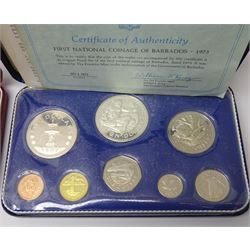 Coins and medallions, Commonwealth of the Bahama Islands 1972 proof set cased with certificate, First National Coinage of Barbados 1973 proof set cased with certificate, Royal Mint 1977 silver proof crown cased without certificate, Commonwealth of the Bahamas 1978 ten dollar silver coin cased with certificate, 'The Government of St Helena and Ascension Island Royal Visit Silver Proof Fifty Pence Coin Collection 1984' cased with certificate, United States 1984 silver dollar on card of issue, National Trust medallion in green case and a Silver Jubilee 'Vivat Regina 1952 1977' hallmarked silver medallion in a Royal Mint case