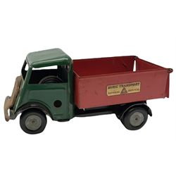 Eight Tri-ang Minic tin-plate/plastic clockwork vehicles comprising Tipper Lorry, Post Office Telephones Van, Caterpillar Tractor, Evening News Van, two Royal Mail Vans, American jeep and saloon car; all unboxed (8)