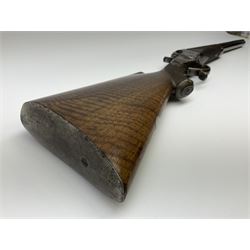 Rare Henry Pieper Liege seven-chambered solid barrel 297/30 calibre rim-fire volley gun with six barrels around a central seventh barrel drilled for simultaneous fire, built on a Remington type rolling block action, blued 62cm barrel with raised rib and twin rear leaf sights, case hardened action complete with loading plate for seven cartridges, walnut stock with chequered pistol grip and fore-end and inset 'silver' cartouche with two Chinese type characters, no.256PLN, L109cm overall