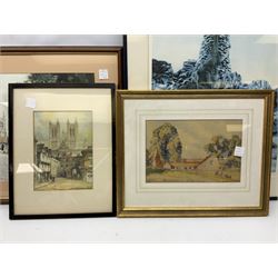 Catchouse Radford (British 20th century): Farmstead, watercolour signed and dated 1943 together with signed print of Safari Animals and 4 other prints max 63cm x 46cm (6)
