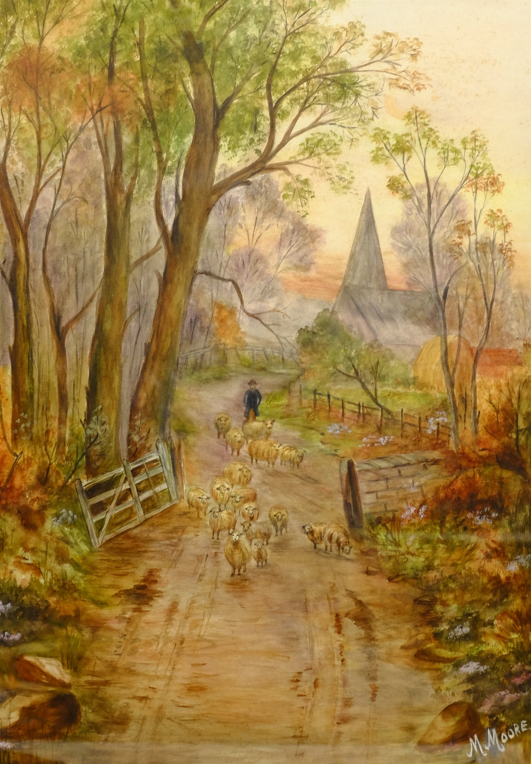 M Moore British Early 20th Century Herding Sheep Watercolour Signed 
