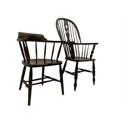 19th century beech Windsor armchair (W60cm), and a late 19th century elm desk chair (W59cm)