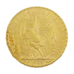 French 1908 gold twenty franc coin