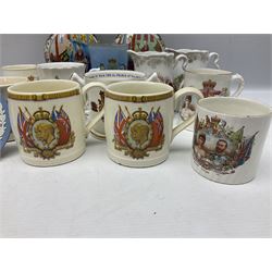 Pair of Oriental style vases, commemorative mugs and cups, Wedgwood Jasperware etc