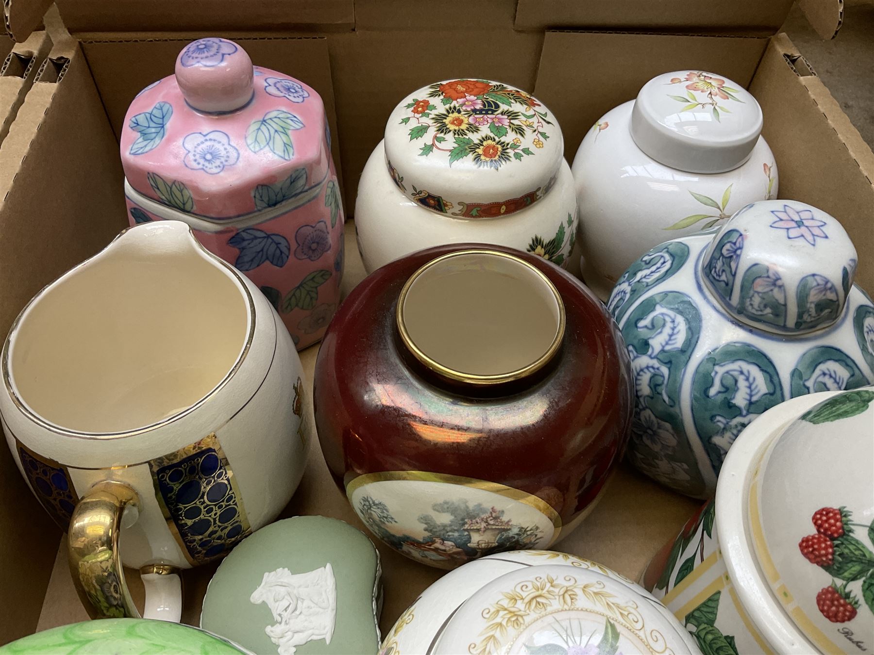 Wedgwood green jasperware trinket box, together with boxed Aynsley 'the Ashes England's  Glorious Victory 2005' plate, commemorative wares, ginger jars and other ceramics, in two boxes 