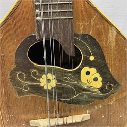 Italian eight-string mandolin with maple back and ribs and spruce top with inlaid floral marquetry panel within a fragmented mother-of-pearl border L61cm; cased; and a (damaged) German 'Michigan' mandolin for spares or repair (2)