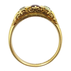Victorian 18ct gold three stone cushion cut ruby and round chrysoberyl ring, hallmarked