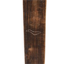 19th century stay busk, of typical triangular form carved with hearts and stylised flowers, with two carving of birds to the verso, L29cm