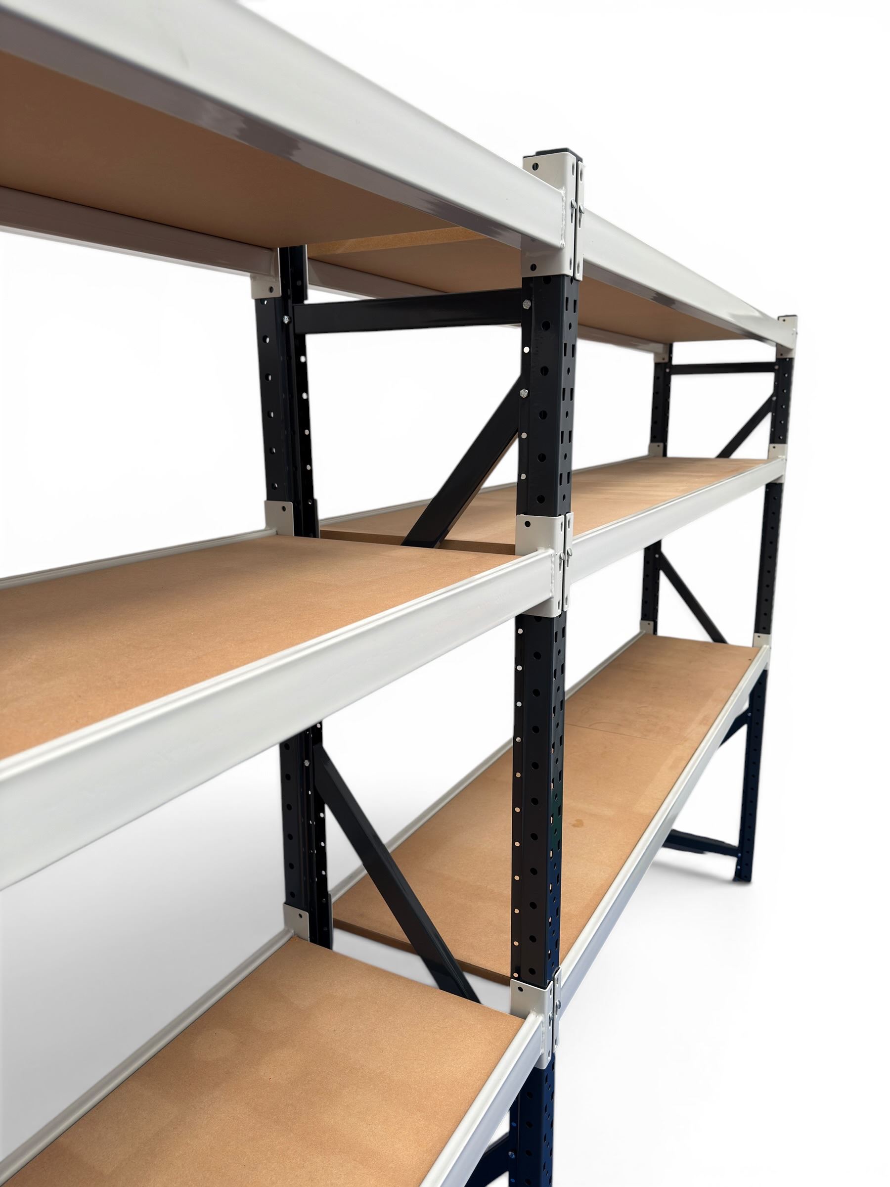 Two bays of Constructor warehouse racking with MDF boards