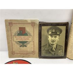 Collection on military items, including John Player & Sons Military Uniforms of the British Overseas, medal ribbon, ceramics and a reproduction metal plaque 