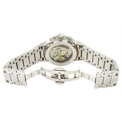 Strela Class 1 gentleman's stainless steel manual wind chronograph wristwatch, Cal. Poljot 3133, black dial with date aperture, on stainless steel steel bracelet, boxed