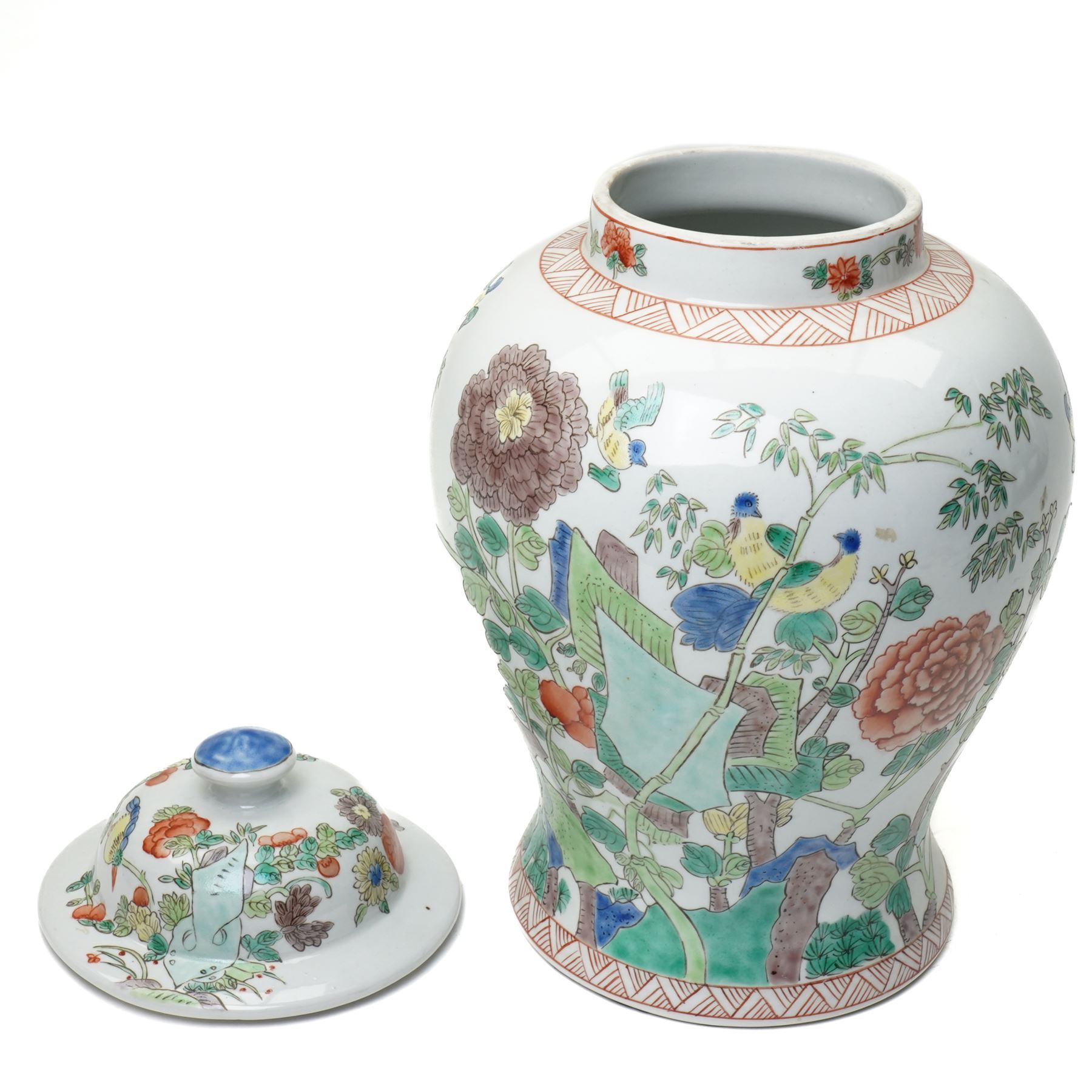 Chinese famille verte jar and cover, painted with traditional foliage and birds, Republic period, four character mark to base, H43cm 