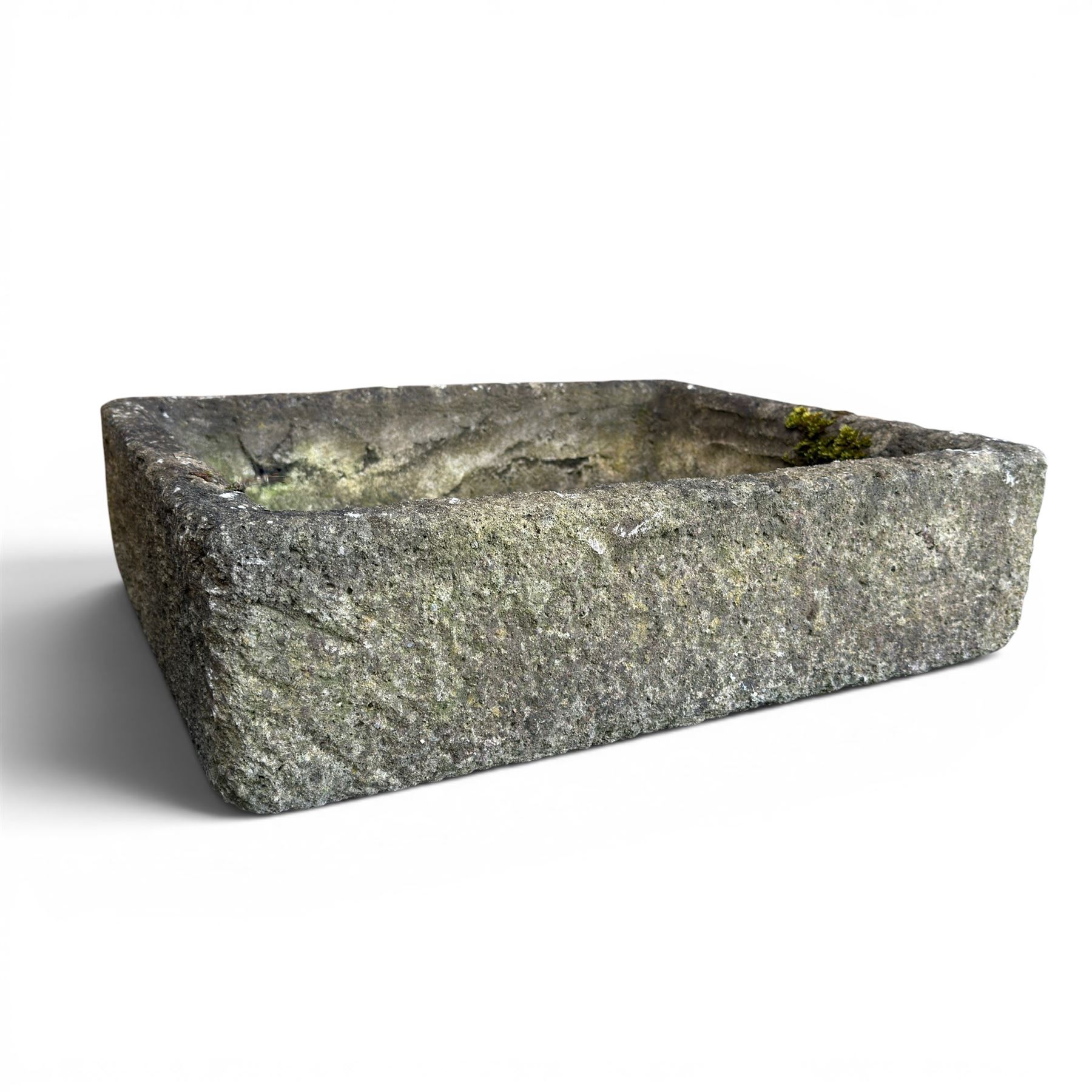 Three weathered composite stone rectangular planters, shallow form