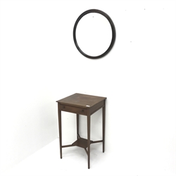 Edwardian cross-banded mahogany occasional table, single table, square tapering supports joined by single undertier (W45cm, H74cm, D43cm) and oak framed circular wall mirror (D56cm) (2)