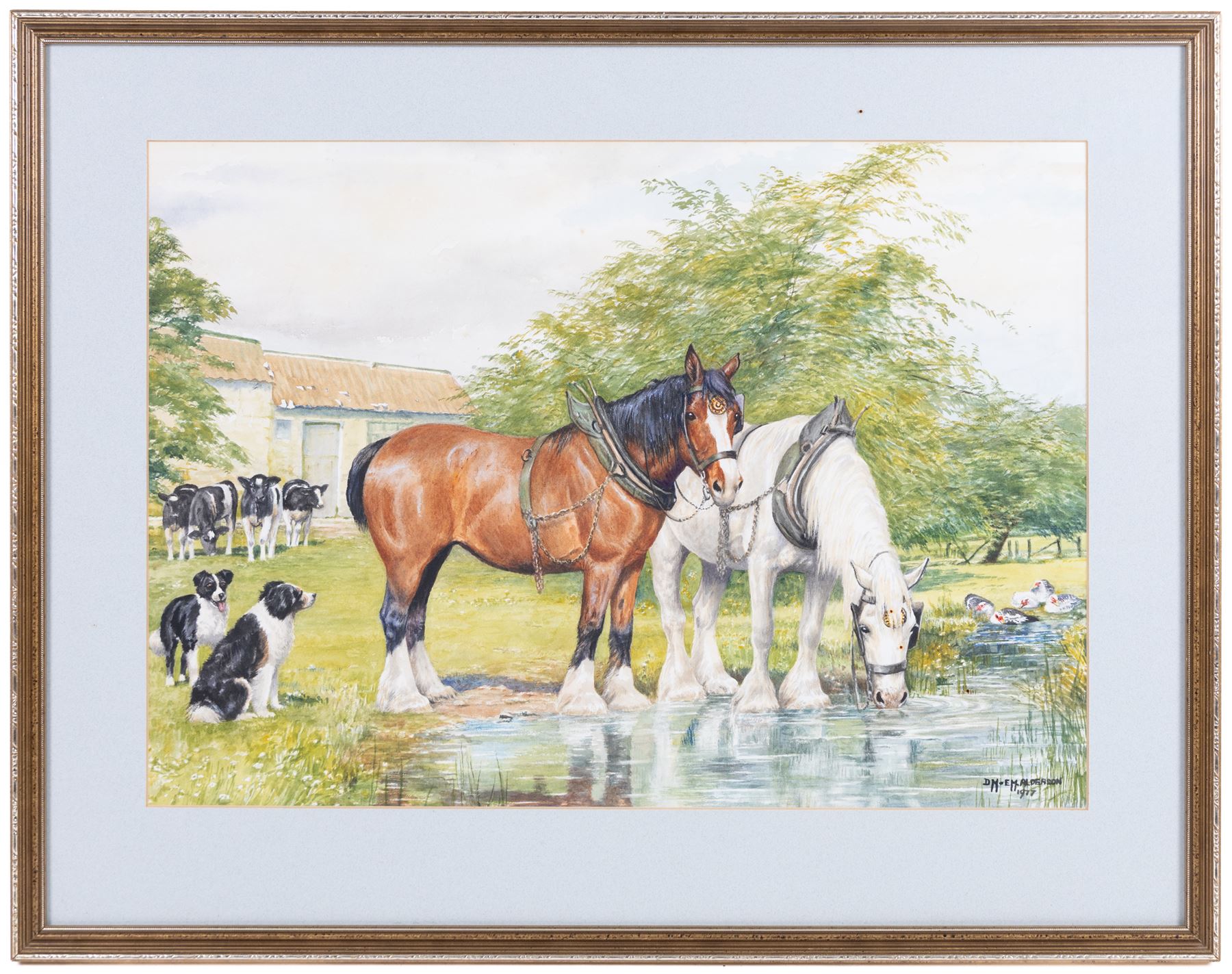 Dorothy Margaret Alderson (British 1900-1992) and Elizabeth Mary Alderson (British 1900-1988): Horses Watering, watercolour signed and dated 1977, 36cm x 51cm 