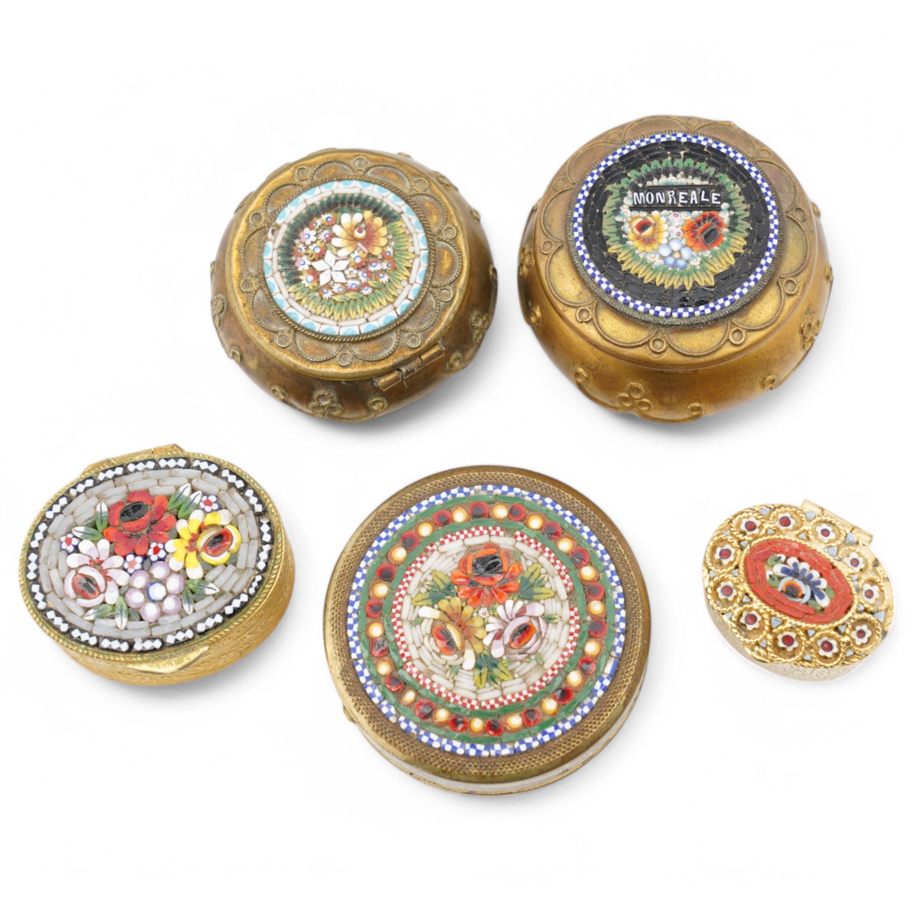 Collection of five Italian bijouterie boxes, each with intricate floral designs set to the covers, further decorated with swags and repeating acanthus leaf ornamentation