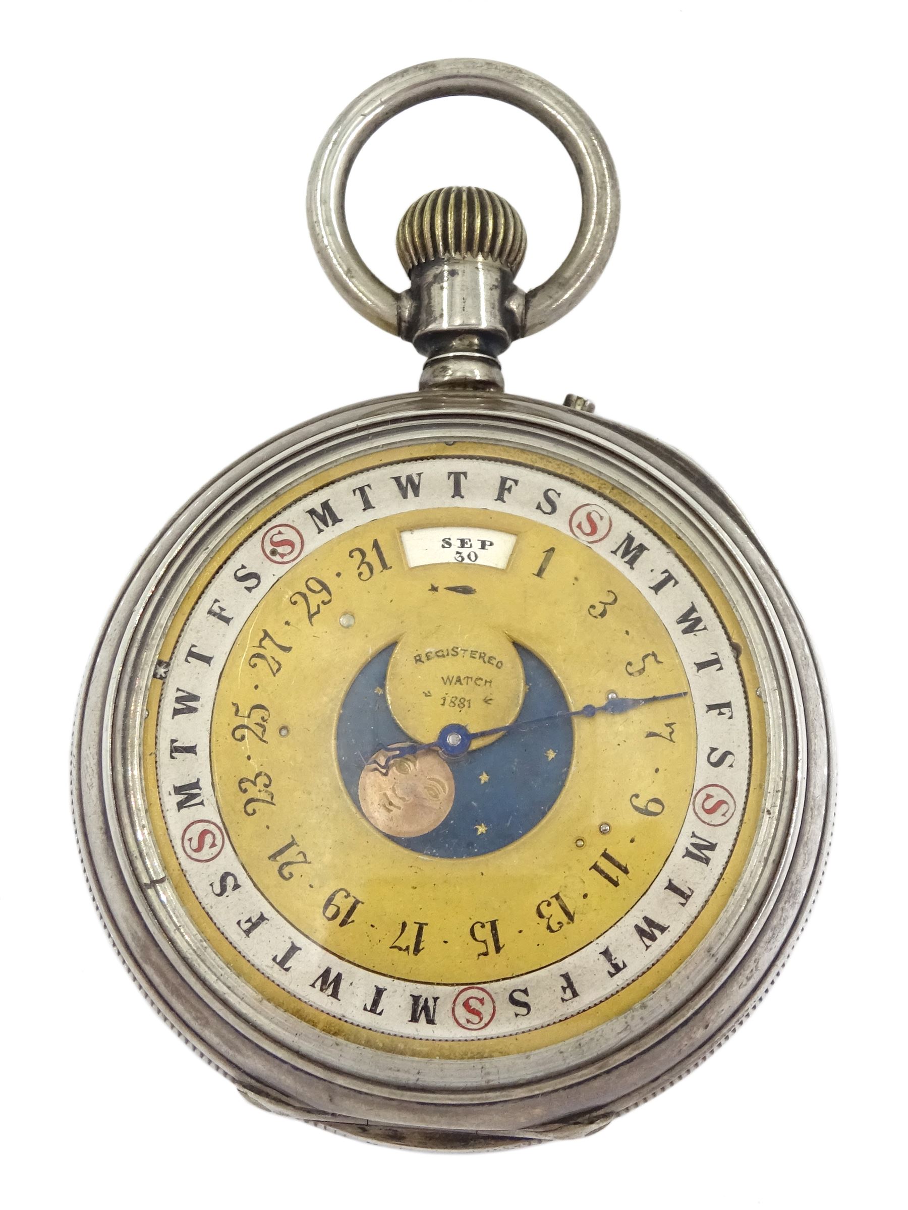 Victorian silver keyless calendar pocket watch, white enamel dial with Roman numerals and subsidiary seconds dial, the reverse gilt and silvered dial with rotating moon phase and date calendar, inscribed 'Registered watch 1881'