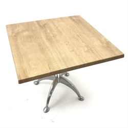  Set six light oak square chrome finish pedestal cafe tables, W80cm H72cm, D80cm (6)  