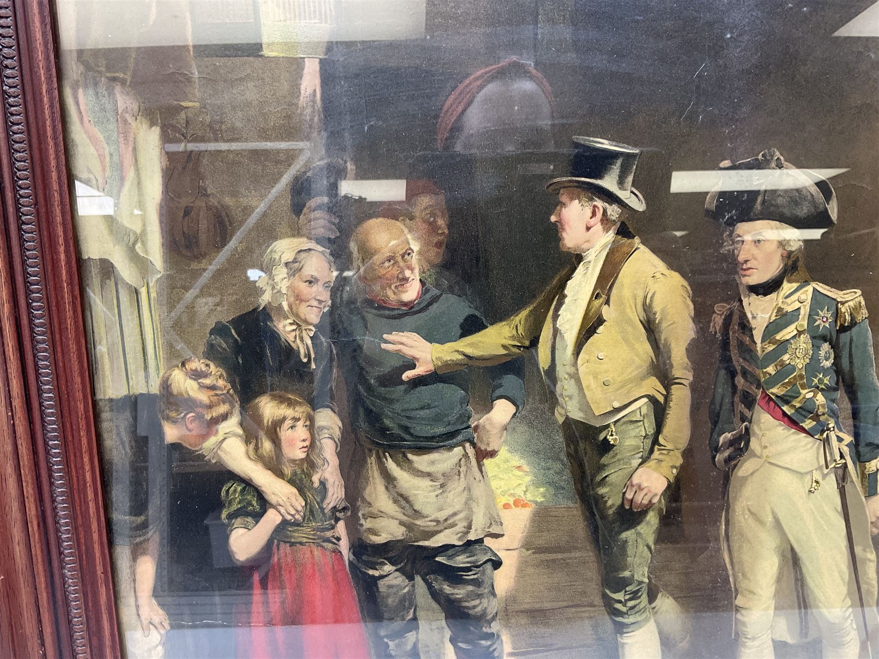 After Fred Roe, pair of colour prints of Lord Nelson, one titled 'Good-bye My lads', the other depicting Nelson walking through the streets of Portsmouth, 52 x 81cm, modern mahogany frames (2)