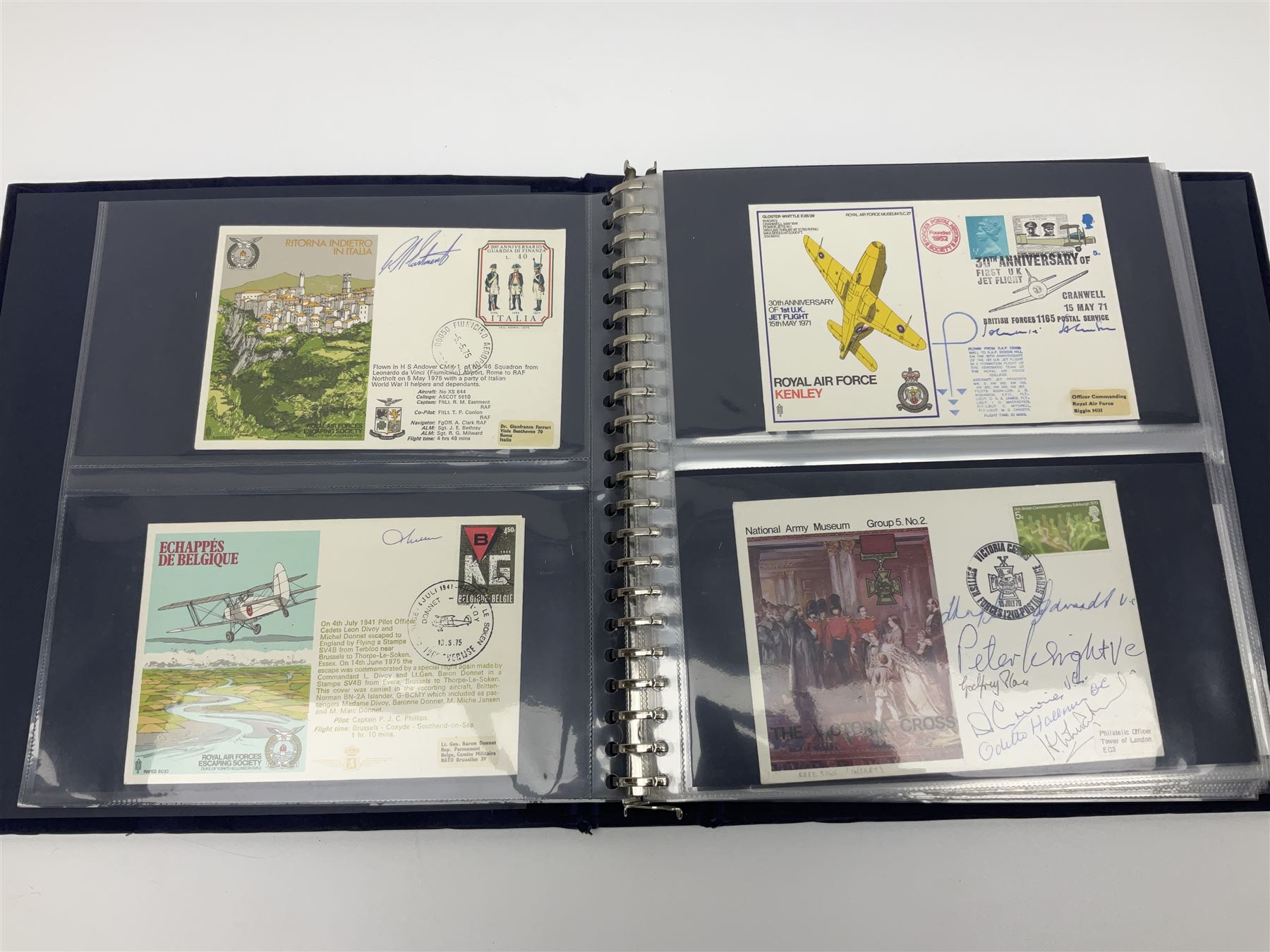 First Day Covers - approx. one hundred flying related and other military FDCs 1970s-2000s, mainly WW2 interest and bearing signatures; British, Channel Islands, Continental, Australia etc; signatures include Vera Lynn, J.H. Lacey, 'Johnnie' Johnson, Barnes Wallis, Bill Reid VC, various other gallantry medal winners, Dam Busters, Battle of Britain, Terence Otway, Leonard Cheshire, Stanford Tuck etc; loose and in a Benham album