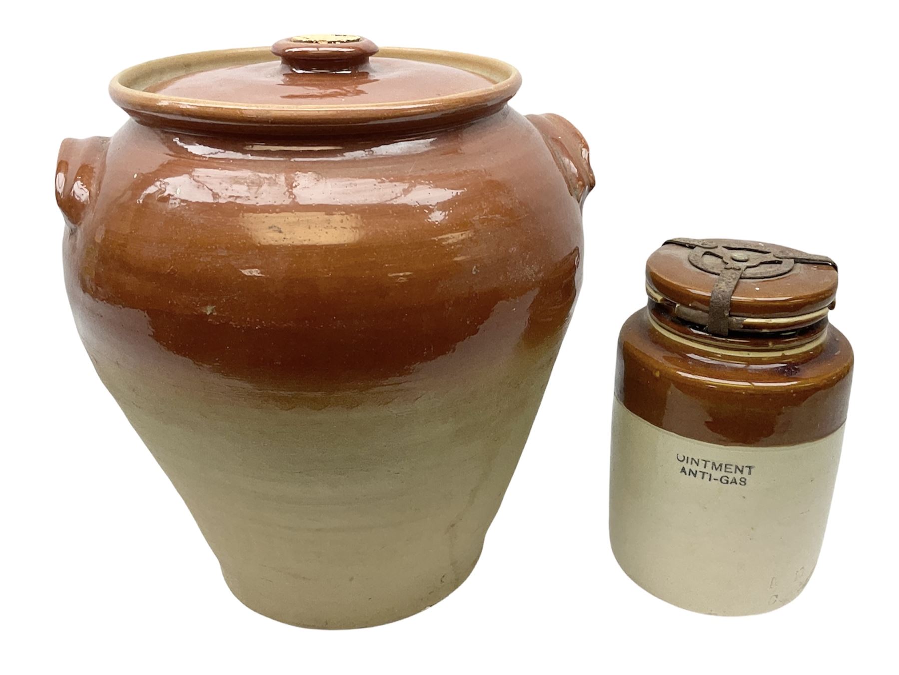Second World War stoneware jar with airtight lid for ointment - anti-gas and large stoneware twin handled jar and cover, largest example H39cm