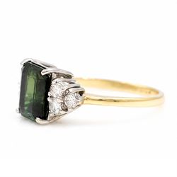 18ct gold green tourmaline and diamond ring, single octagonal cut tourmaline of approx 2.15 carat, with three round brilliant cut diamonds set either side, total diamond weight approx 0.30 carat