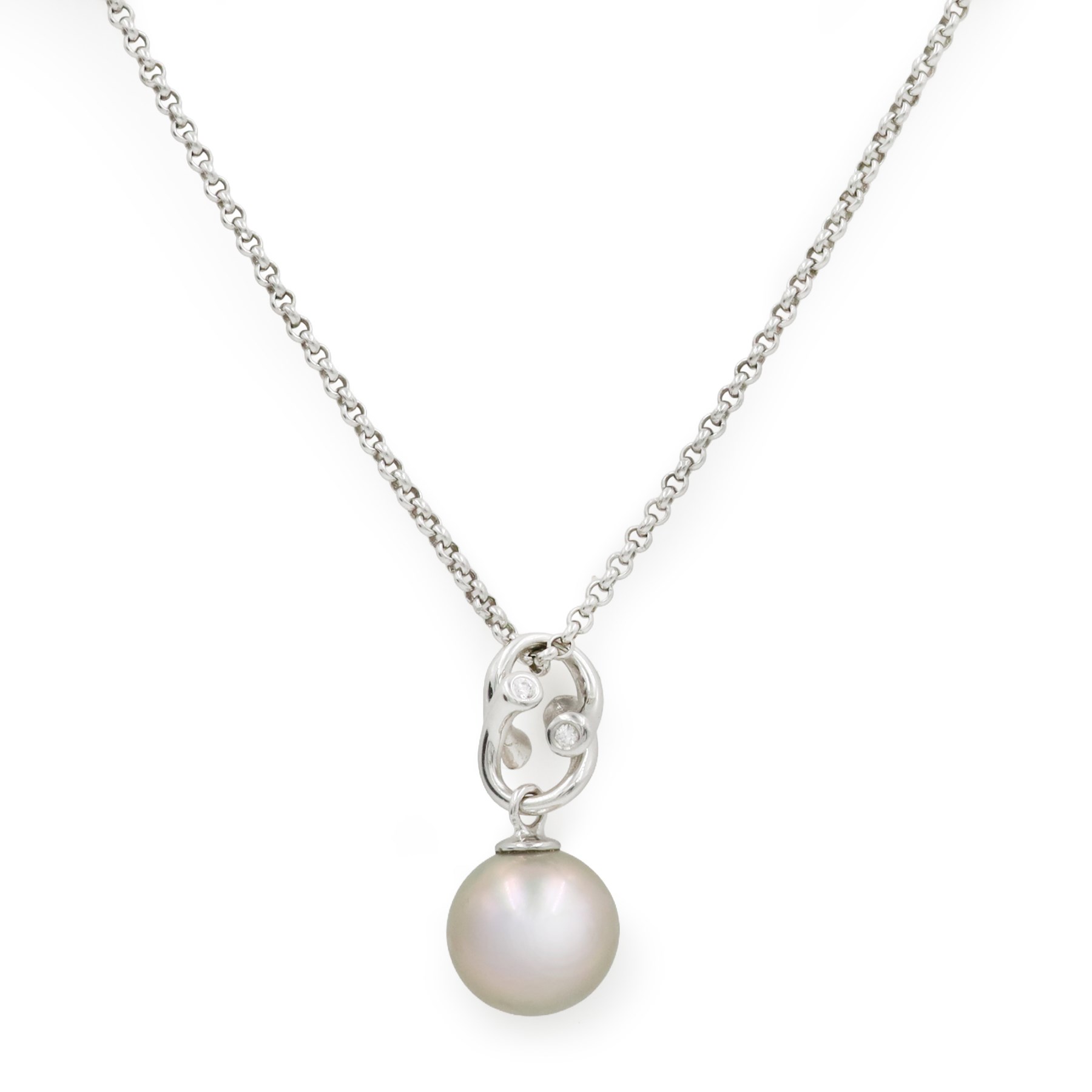 Georg Jensen Magic 18ct white gold pearl and diamond pendant necklace, grey cultured pearl with diamond set bail, on a white gold belcher link chain necklace, stamped 750, boxed