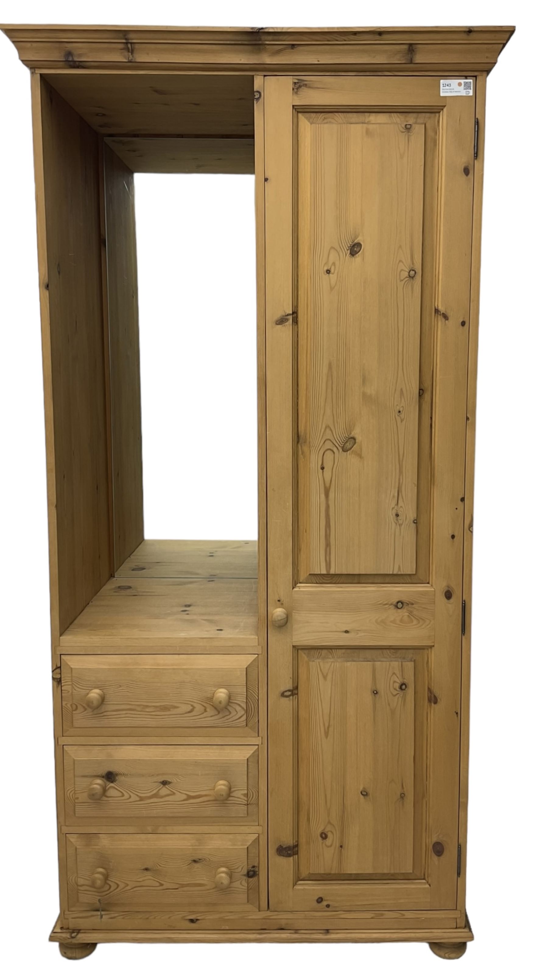 Traditional pine combination wardrobe, recessed cupboard with mirror back, fitted with single cupboard and three drawers