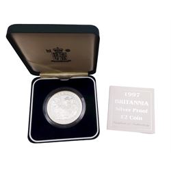 Five The Royal Mint United Kingdom silver proof coins, comprising 1994 two pound commemorating the Tercentenary of the Bank of England, 1996 five pounds commemorating Her Majesty the Queen Elizabeth II 70th birthday, 1997 two pound Britannia, 2000 'Millennium' five pound, all cased with certificate, and 1996 one pound, cased without certificate