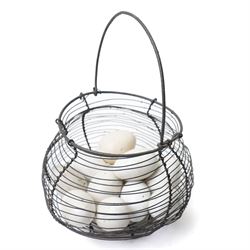 Two wire crocks, each containing 11 broody hen ceramic dummy eggs, four marked 'Caperns'