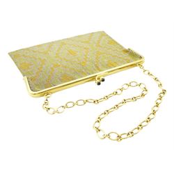 French tri-coloured gold mesh purse, with 18ct gold bar clasp and 18ct gold oval link chain, with cabochon sapphire set clasp, eagle hallmark