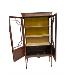 Edwardian inlaid mahogany display cabinet, fitted with two astragal glazed doors enclosing three shelves, raised on square tapering supports with spade feet