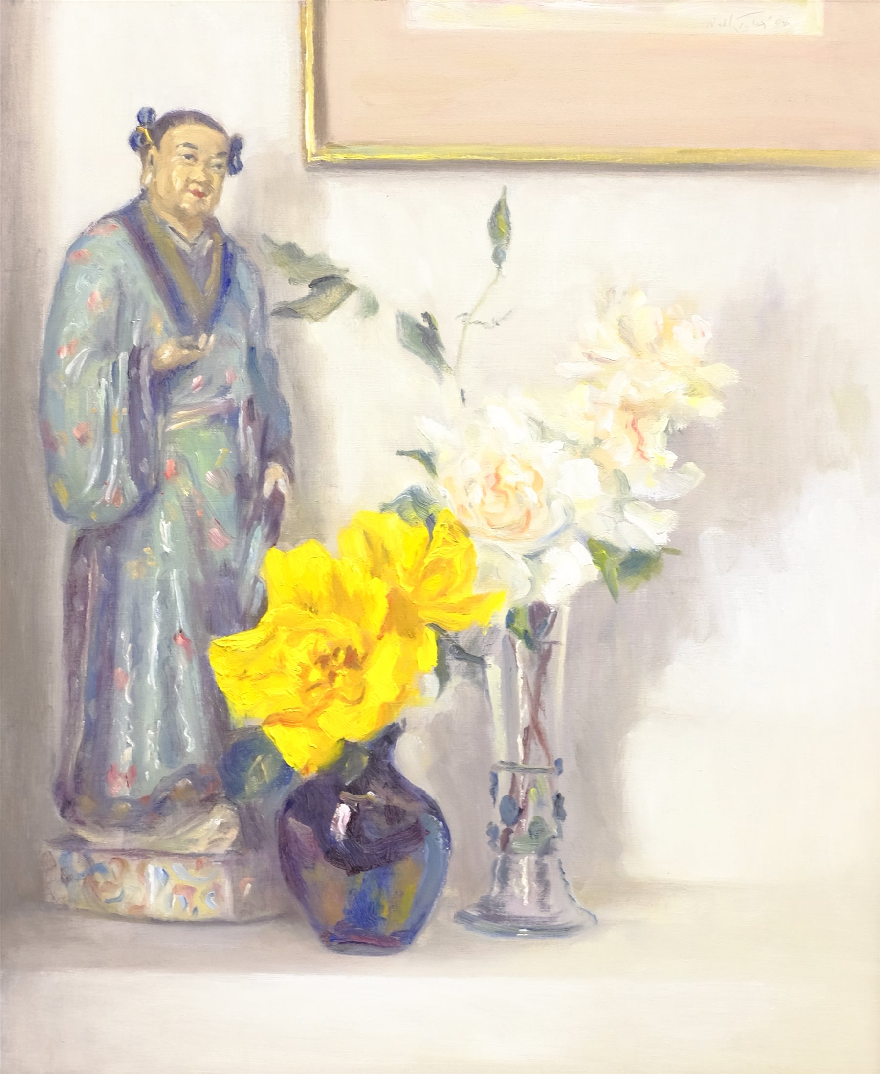 Neil Tyler (British 1945-): Still Life of Flowers with Cantonese ceramic Figure, oil on canvas signed and dated '04, 60cm x 50cm  


