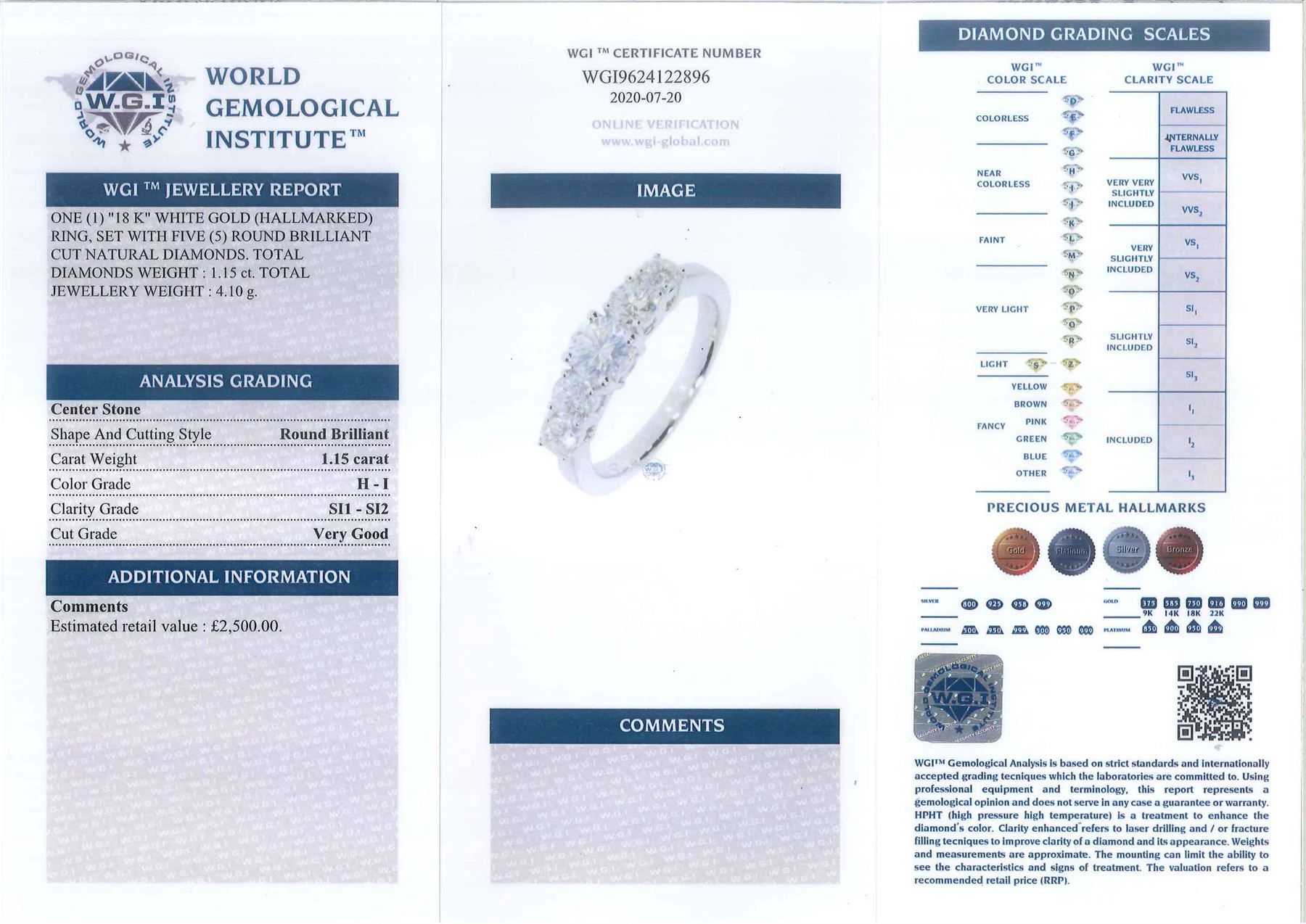 18ct white gold diamond ring, five graduating round brilliant cut diamonds, in a four claw setting, hallmarked, total diamond weight 1.15 carat, with World Gemological Institute report