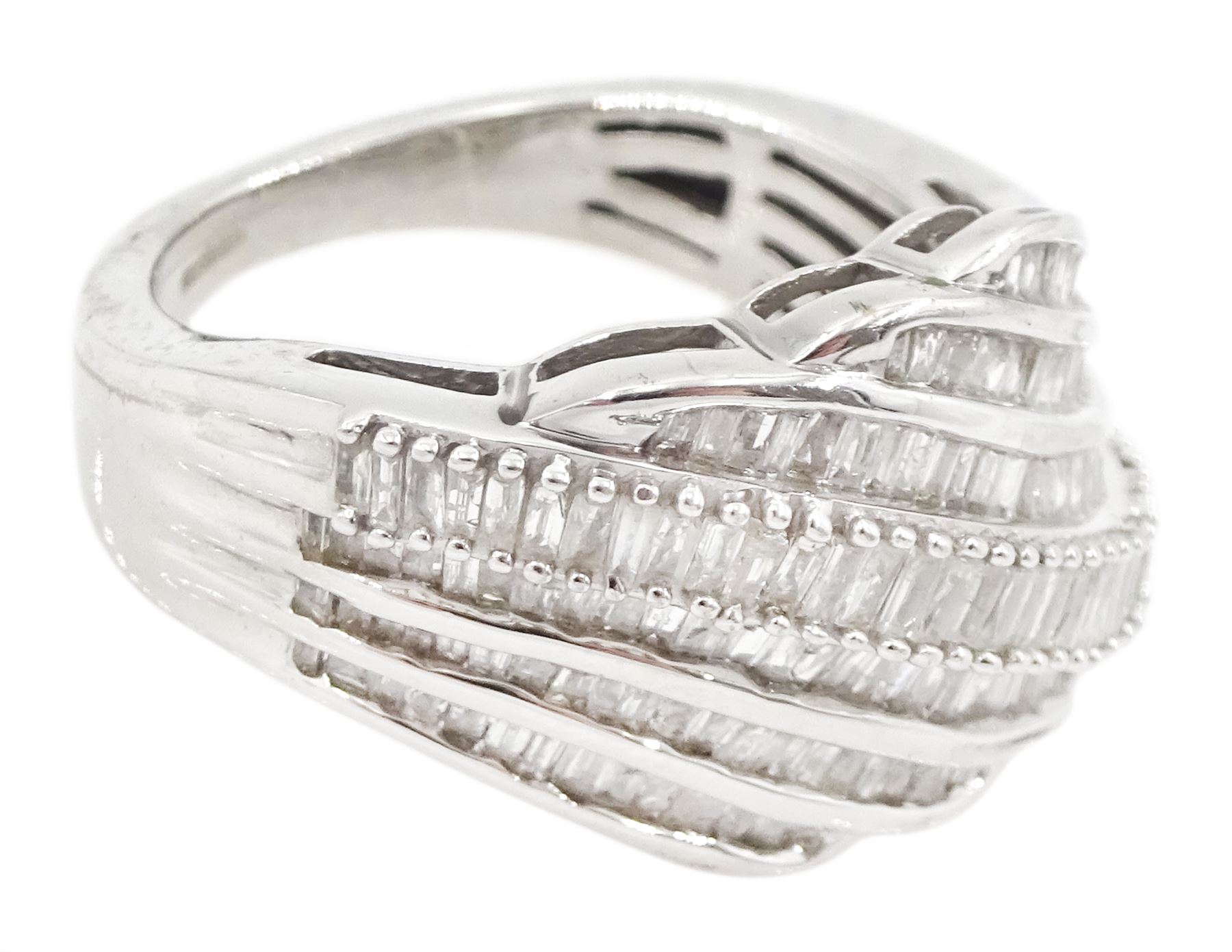 9ct white gold six row baguette cut diamond ring, hallmarked