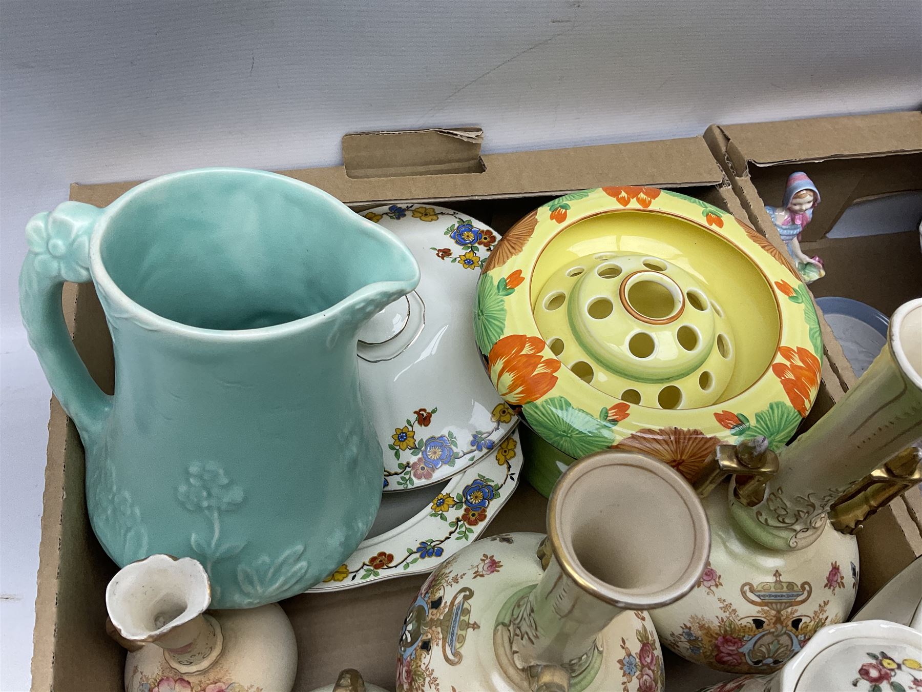 Royal Worcester miniature loving cup, Royal Doulton Wendy figure HN 2109, Lladro dish, two Giuseppe Armani figures, Staffordshire style figural vase, Crown Devon Fieldings blush ivory ewers and twin handled vases, Villeroy & Boch, Royal Doulton, Carlton Ware, Masons ironstone, other ceramics, teawares etc in four boxes