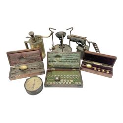 Three hydrometers, including examples by Allan and Clarke, all boxed, together with a blow torch, air sprayer, burned and a pressure gauge